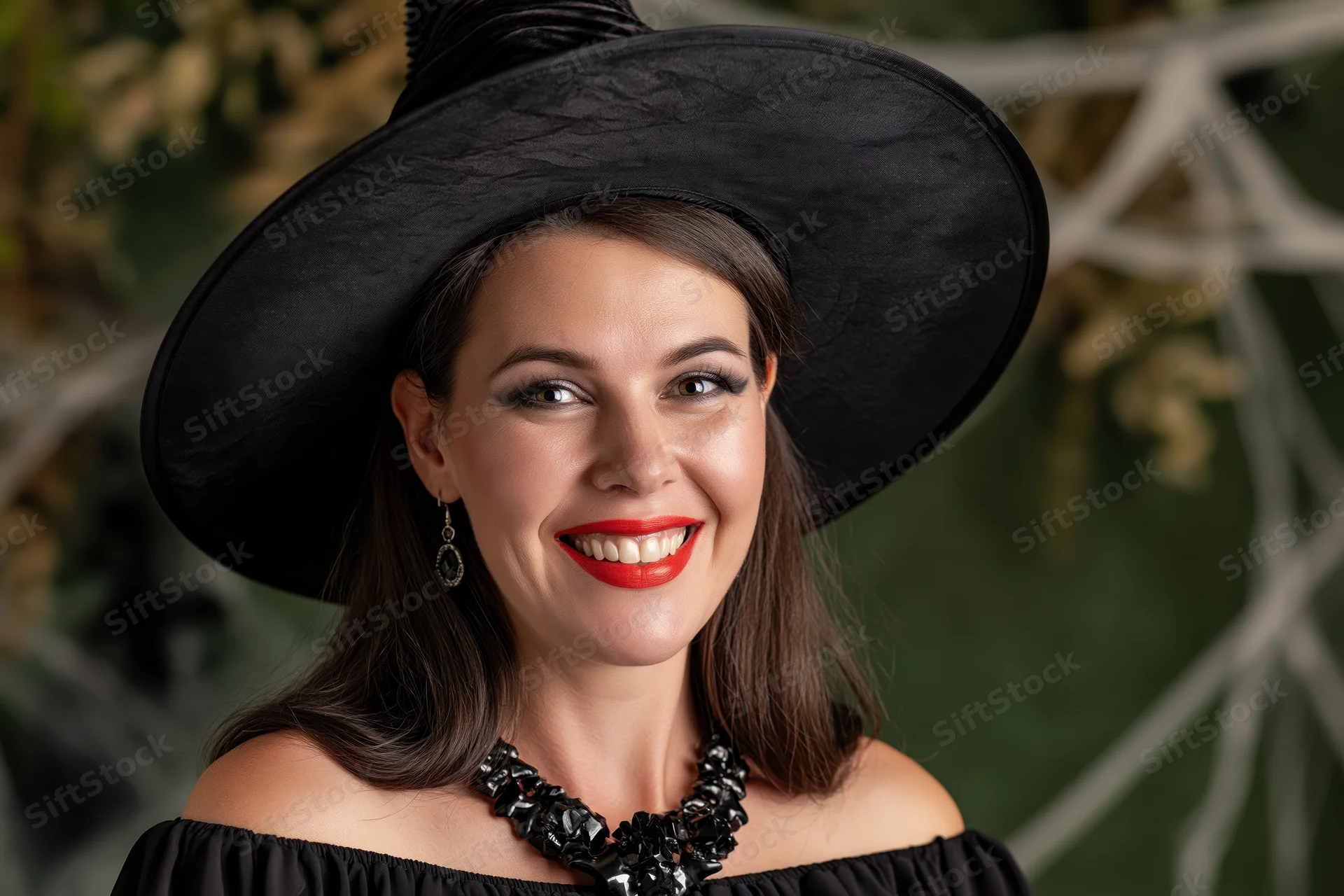 Woman in black witch hat smiling with red lips and jewelry against green cobweb background