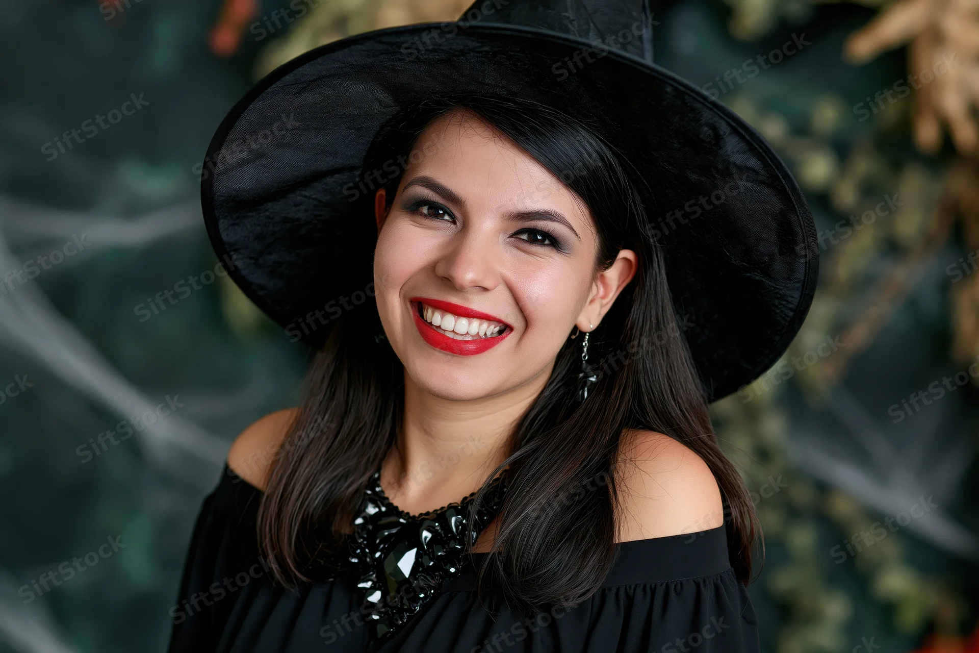 Young woman in a black witch hat smiling warmly at camera during halloween celebration