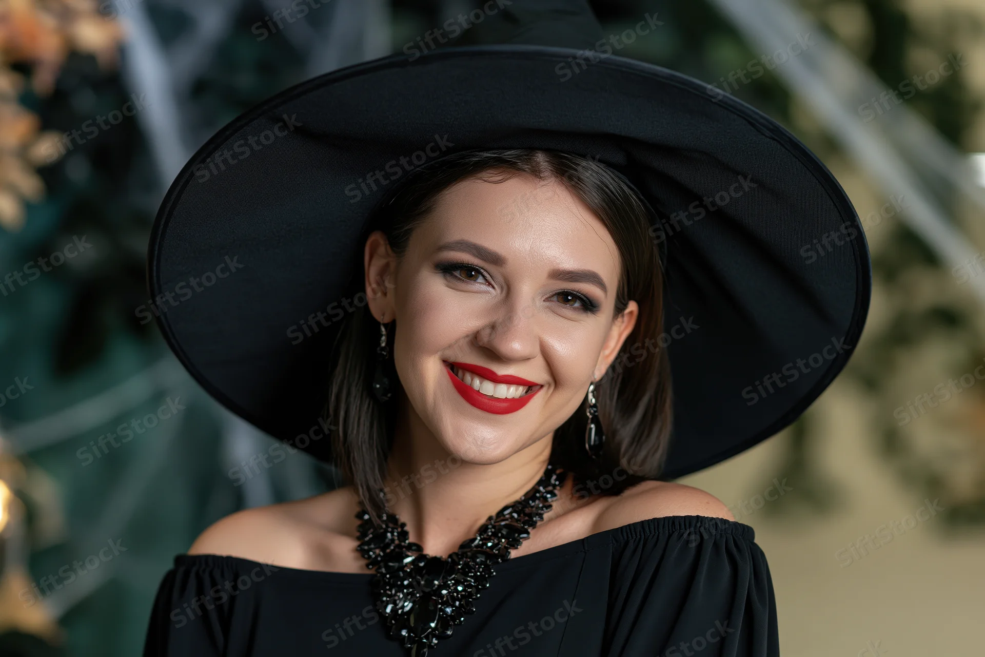 Young woman in black witch hat smiling warmly at camera during halloween celebration