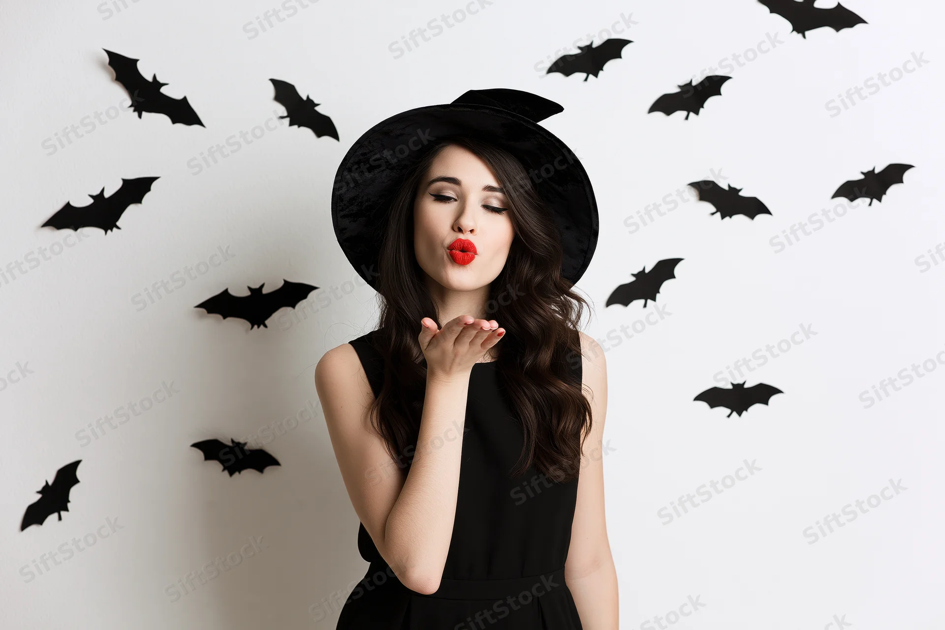 Woman in witch costume blowing a kiss in front of bat-decorated wall