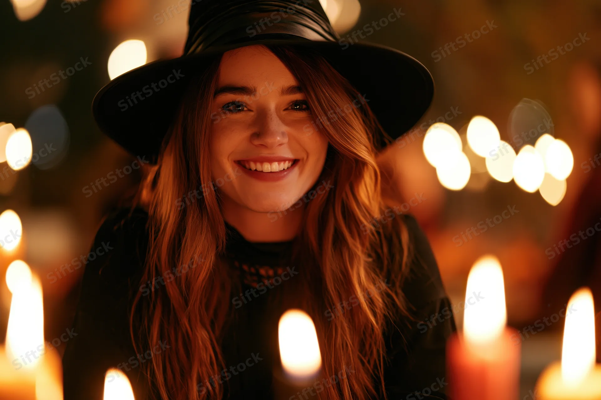 Young woman in black witch hat smiling warmly surrounded by lit candles indoors
