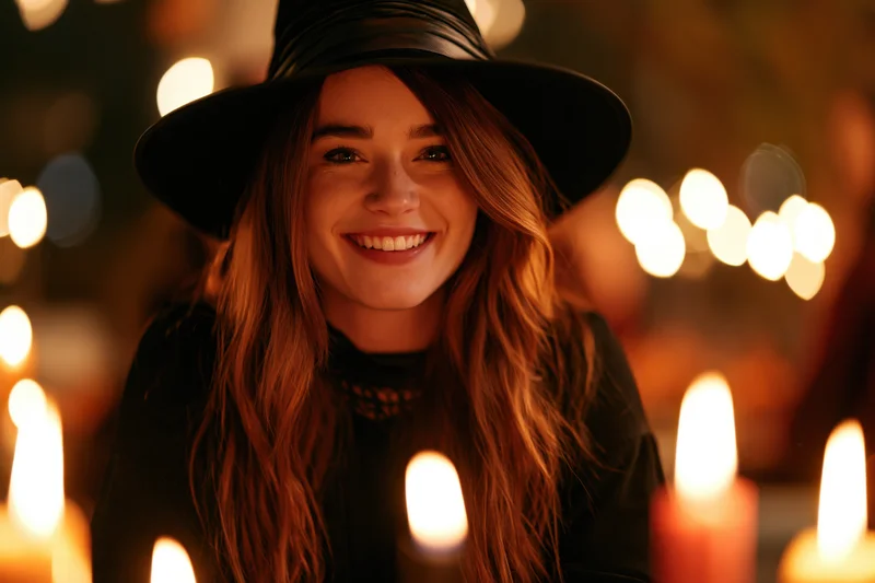 Young woman in black witch hat smiling warmly surrounded by lit candles indoors