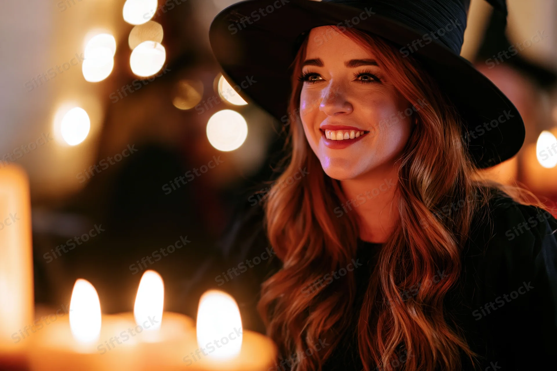 Woman in black witch hat smiling warmly at candlelit halloween party