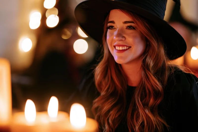 Woman in black witch hat smiling warmly at candlelit halloween party