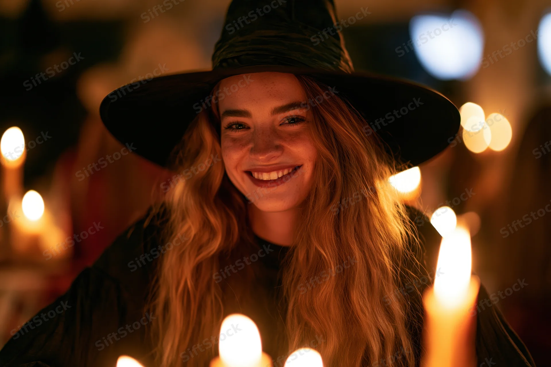 Young woman in witch costume smiling warmly at candlelit halloween party