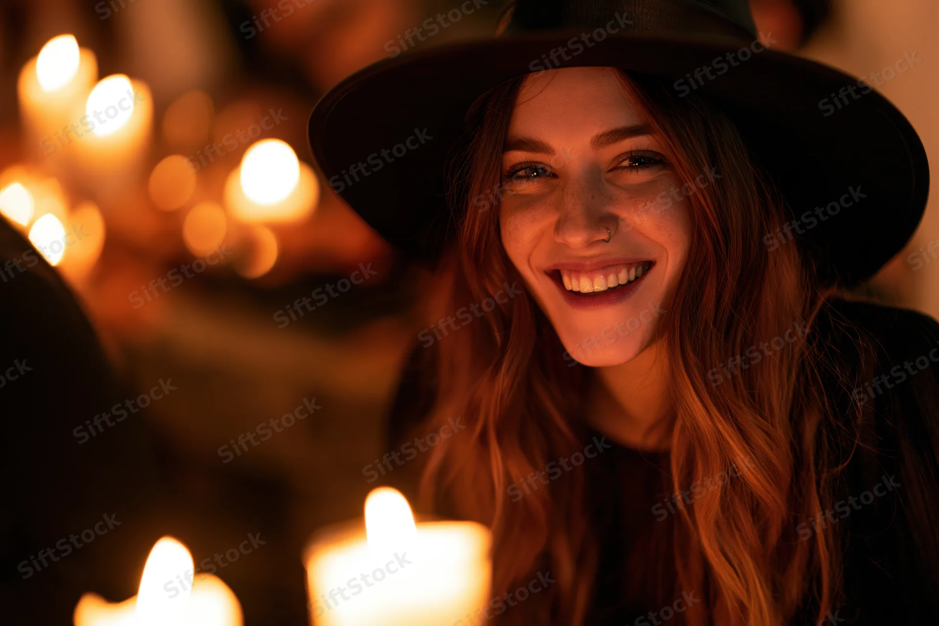 Woman in black witch hat smiling warmly at candlelit gathering