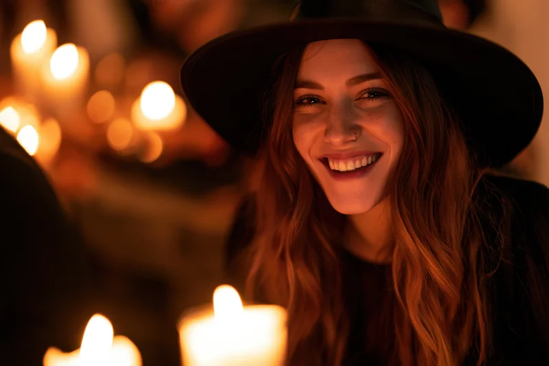 Woman in black witch hat smiling warmly at candlelit gathering