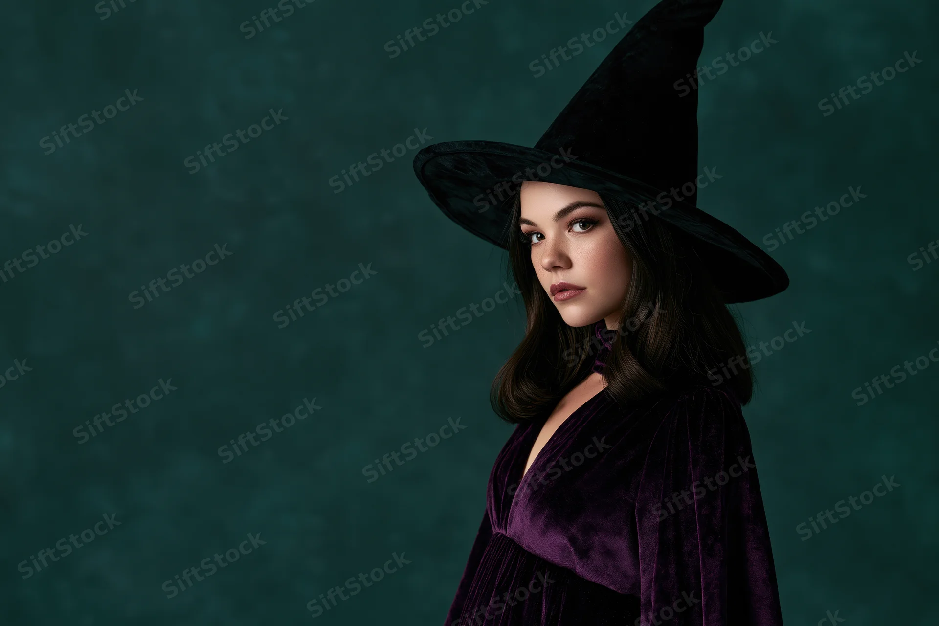 Woman in witch costume with black hat and purple velvet dress posing in studio