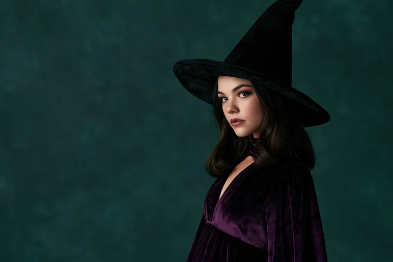 Woman in witch costume with black hat and purple velvet dress posing in studio