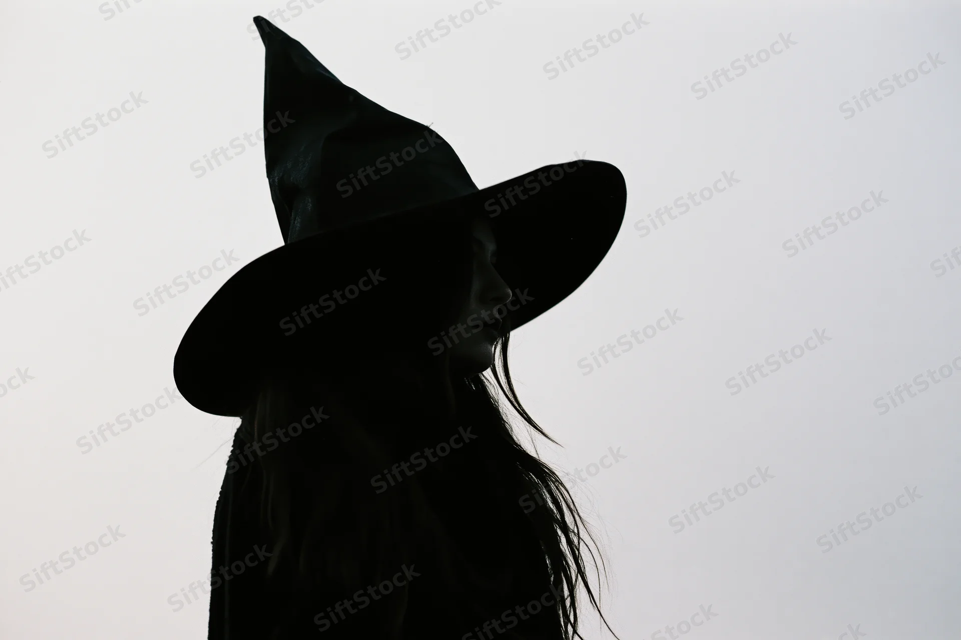 Silhouette of a young woman in a tall pointed witch hat in profile against a cloudy sky