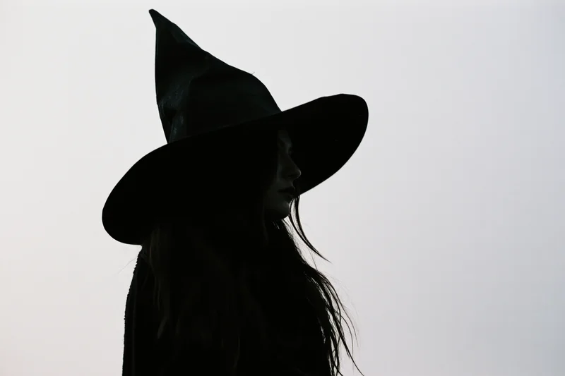 Silhouette of a young woman in a tall pointed witch hat in profile against a cloudy sky