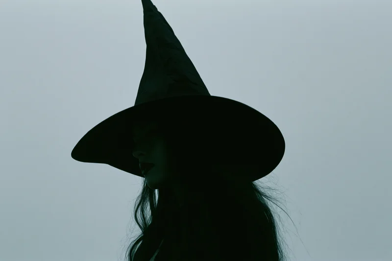 Silhouette of a woman in a pointed witch hat in profile against a gray sky