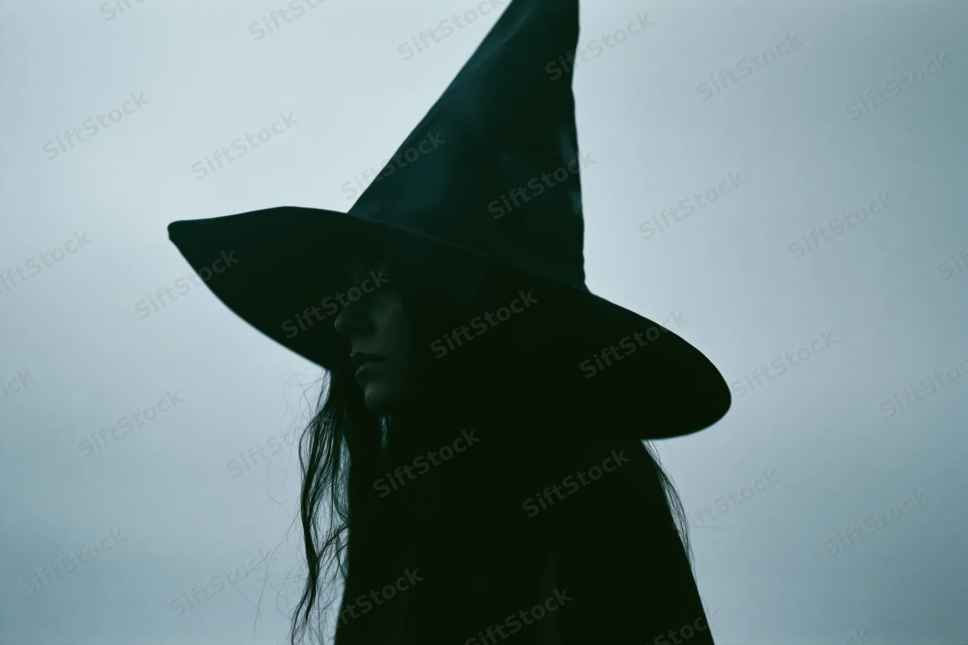 Woman in witch hat in profile silhouette against cloudy sky