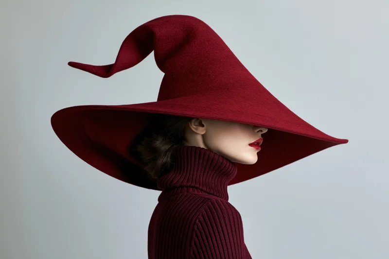 Woman in profile wearing oversized red witch hat and ribbed turtleneck sweater in studio setting