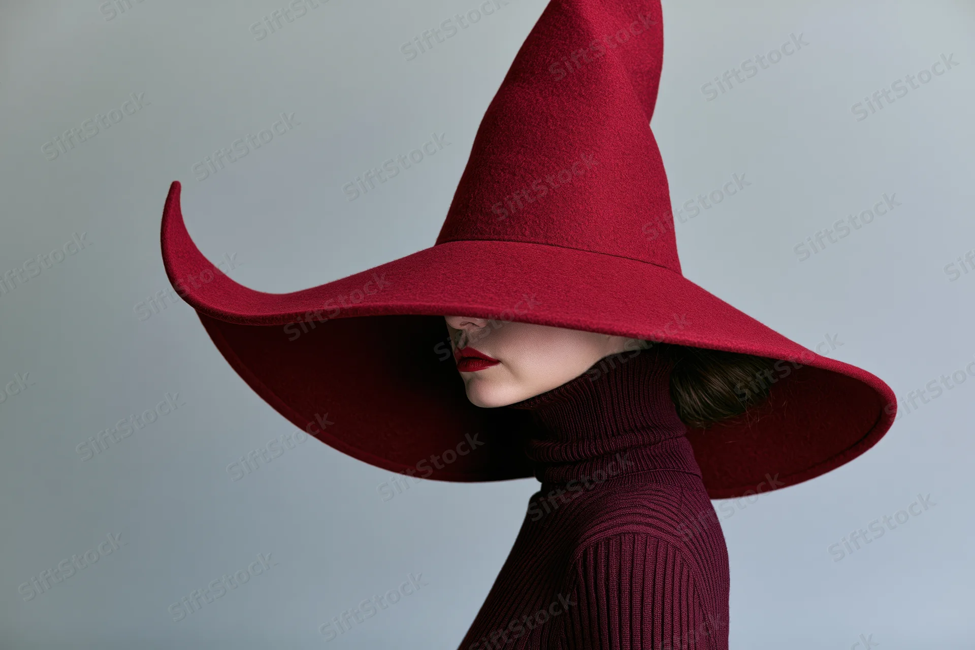 Woman in profile wearing oversized red witch hat and maroon turtleneck sweater against neutral background