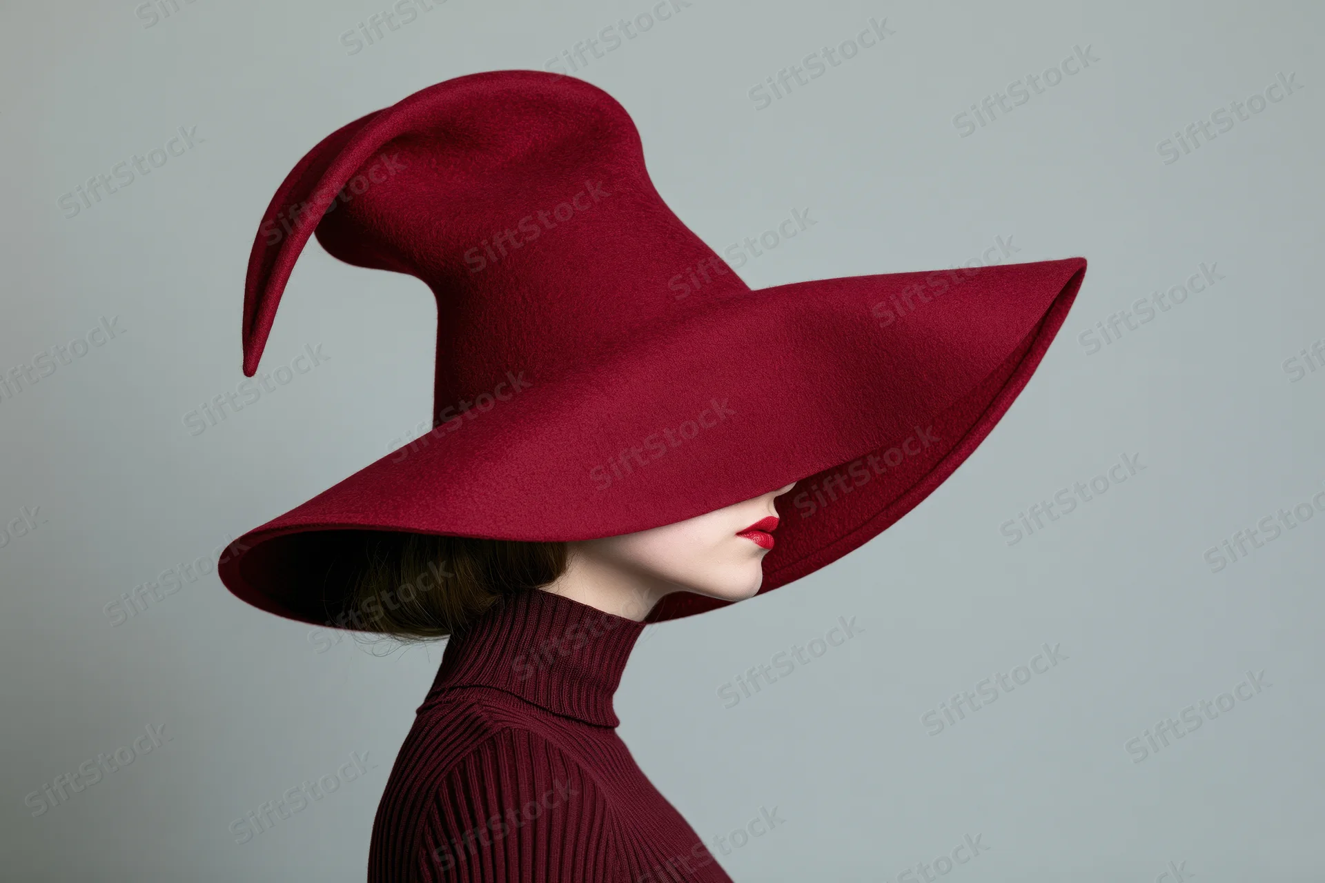 Woman in profile wearing oversized deep red felt hat and matching turtleneck sweater against neutral background
