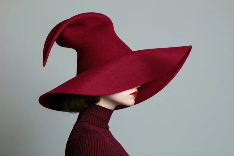 Woman in profile wearing oversized deep red felt hat and matching turtleneck sweater against neutral background