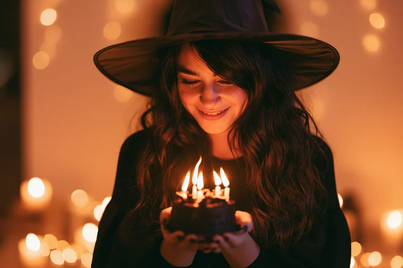 Young woman in witch costume smiling while holding a birthday cake with lit candles indoors at night