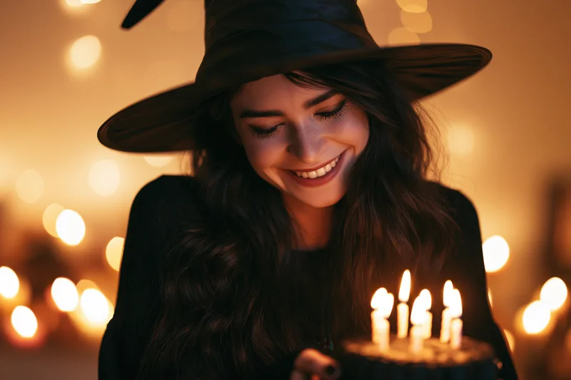 Young woman in witch hat smiling at birthday cake with candles in warm bokeh-lit room