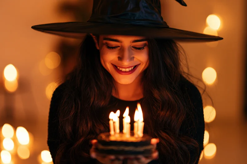 Woman in witch hat smiling while holding birthday cake with lit candles indoors