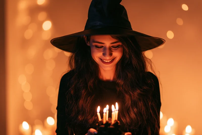 Young woman in witch hat smiling while holding lit candles indoors at halloween party