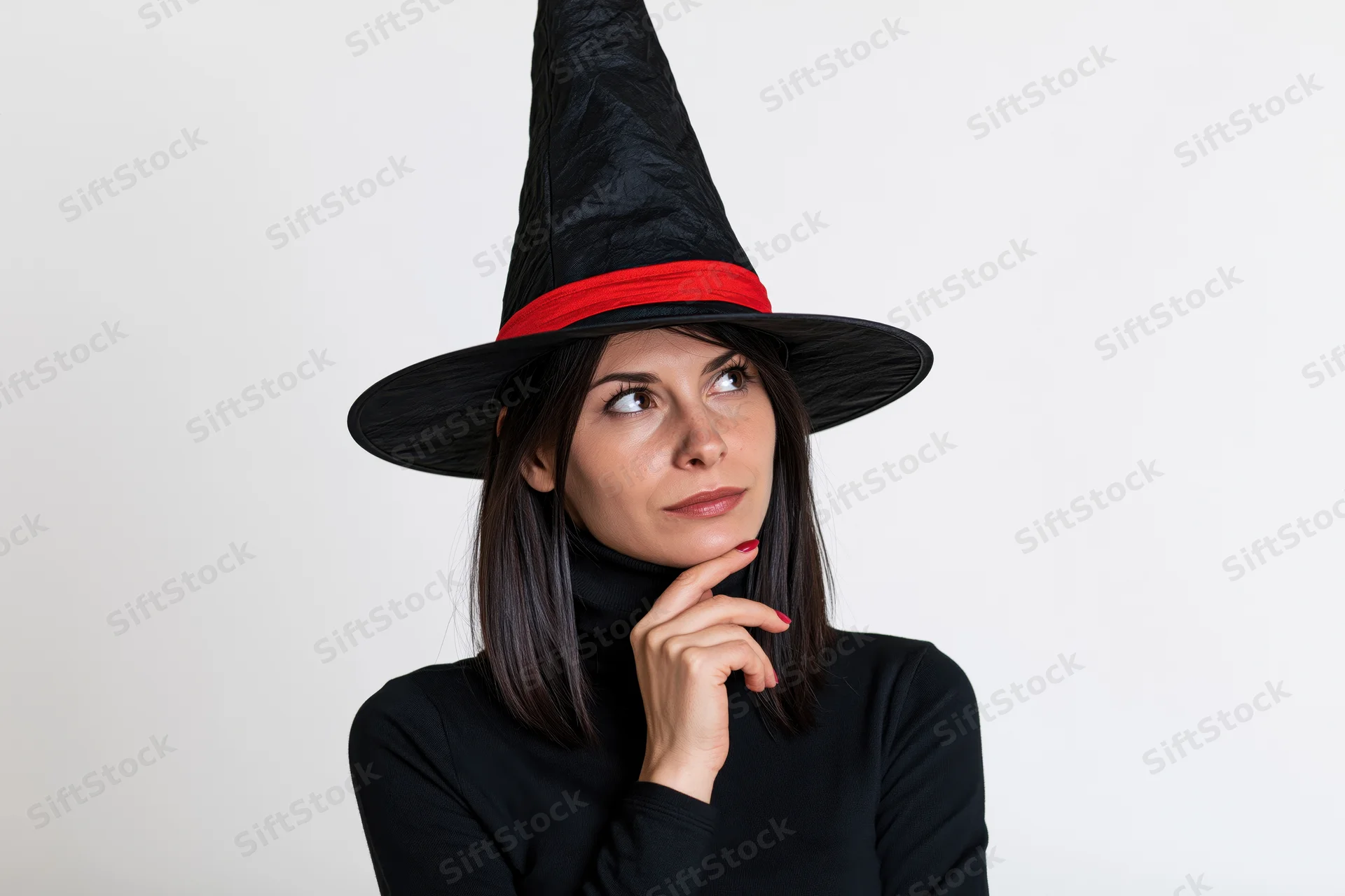 Woman in witch hat thinking with hand on chin against white background