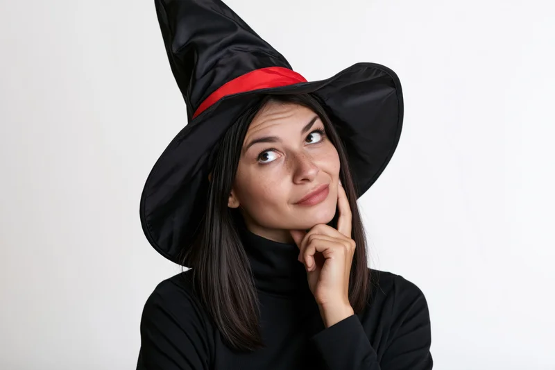 Young woman in witch hat thinking with hand on chin against white background