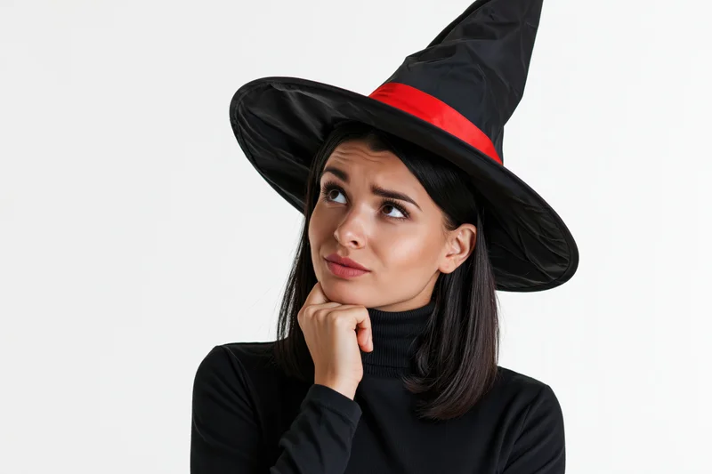 Woman in witch costume thinking with hand on chin against white background
