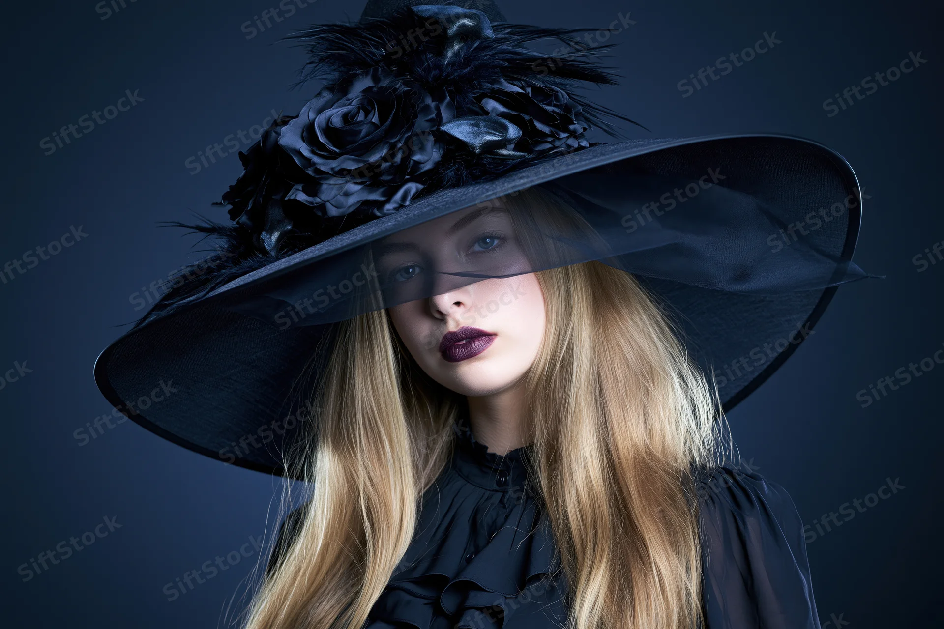 Young woman in wide-brimmed black witch hat with feathers and roses, wearing dark ruffled blouse, in studio lighting