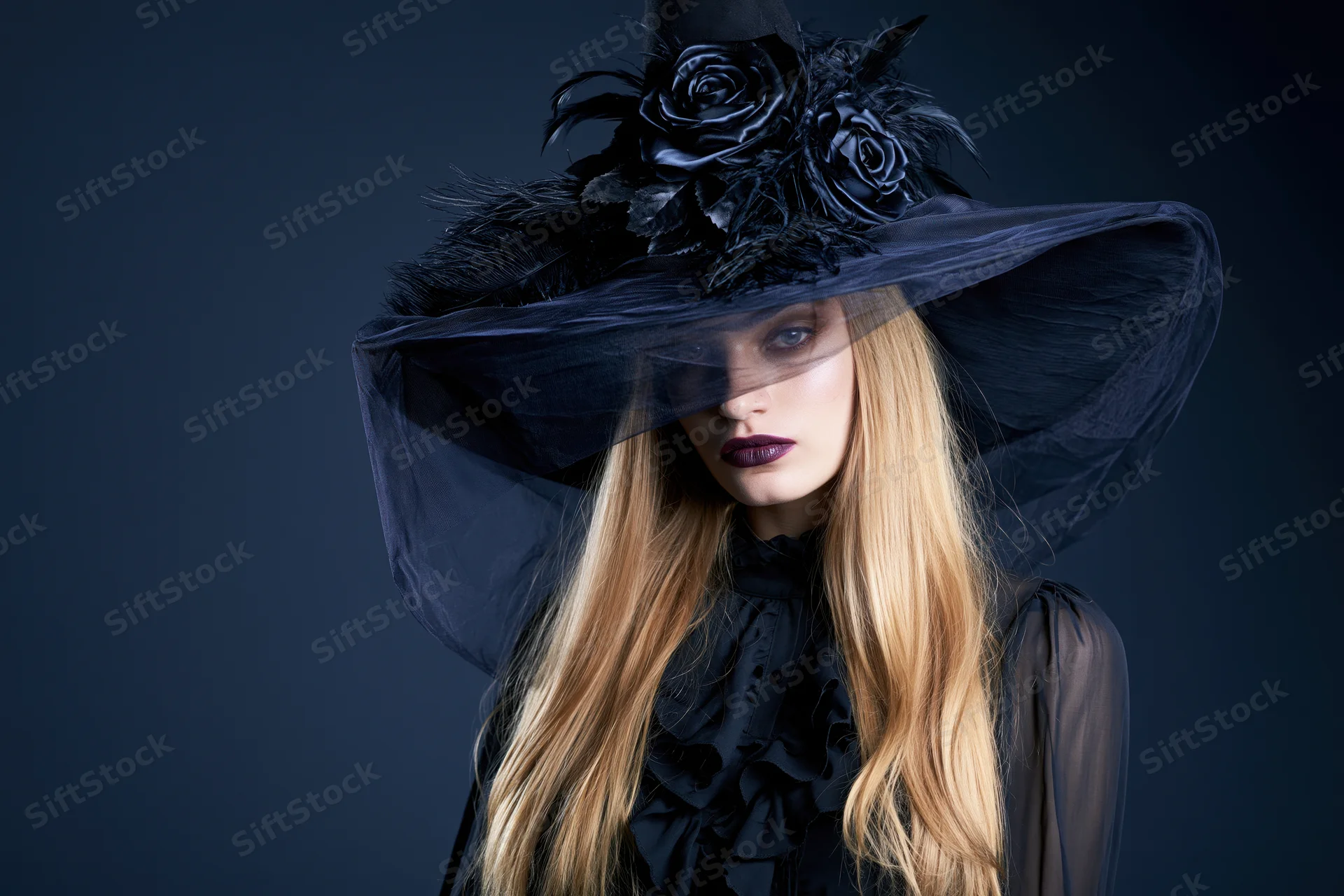 Woman in wide-brimmed black witch hat with feathers and roses, wearing dark sheer outfit, in studio setting