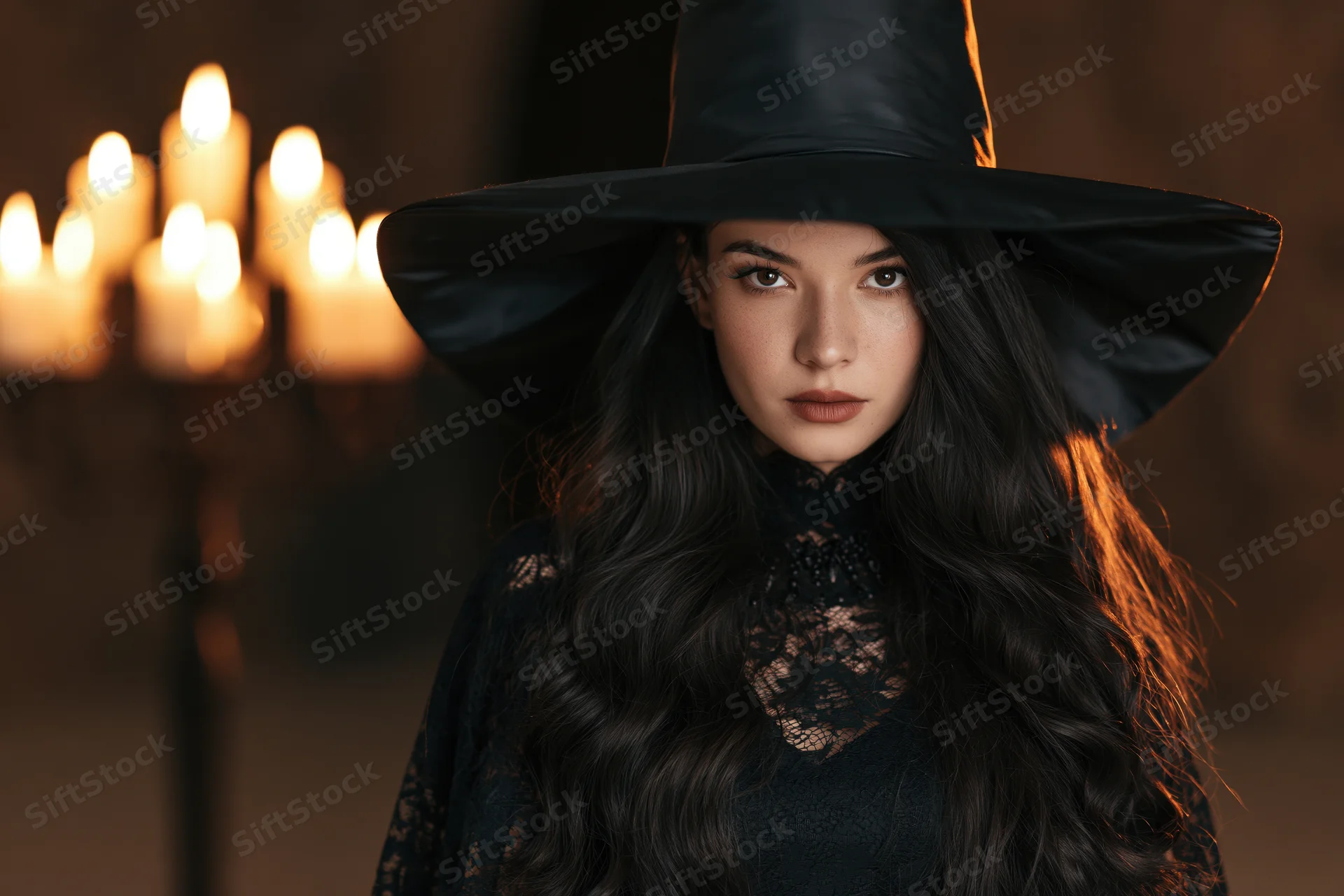 Woman in black witch hat and lace dress with candles glowing behind her in dim indoor setting