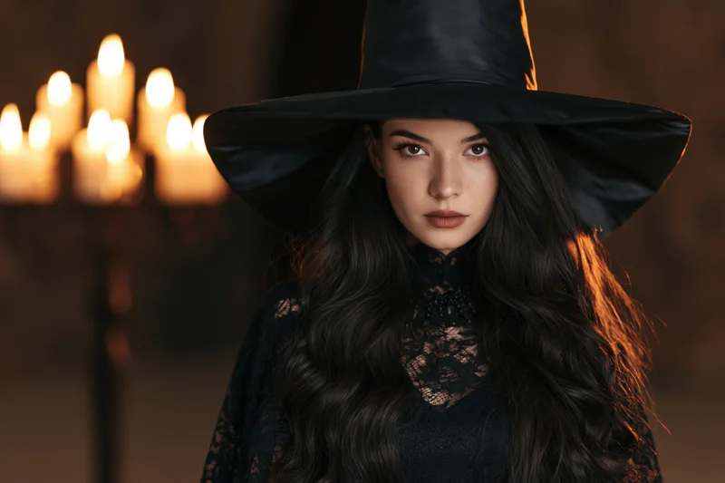 Woman in black witch hat and lace dress with candles glowing behind her in dim indoor setting