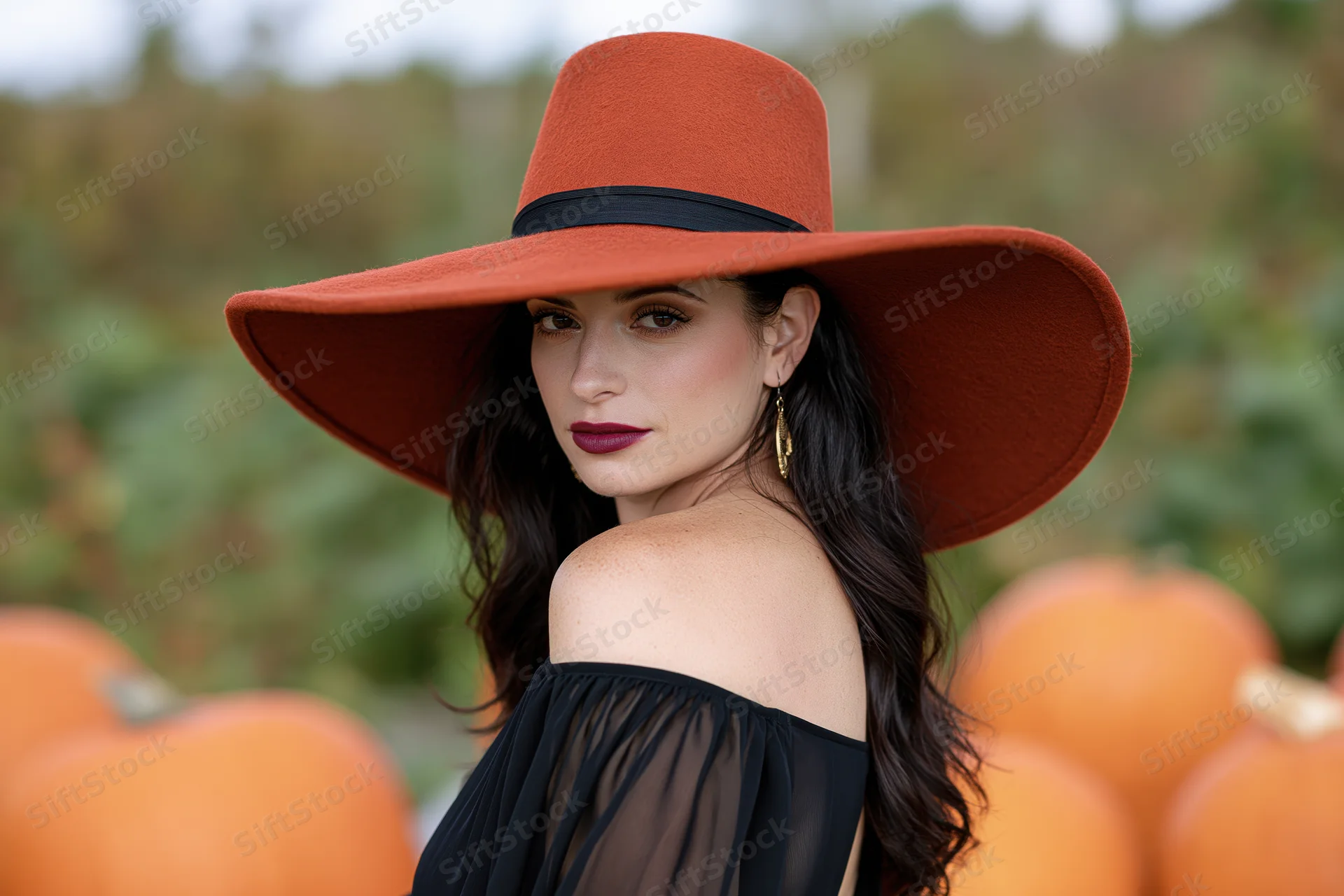Woman in wide-brim orange hat and black off-shoulder dress standing among pumpkins in a field