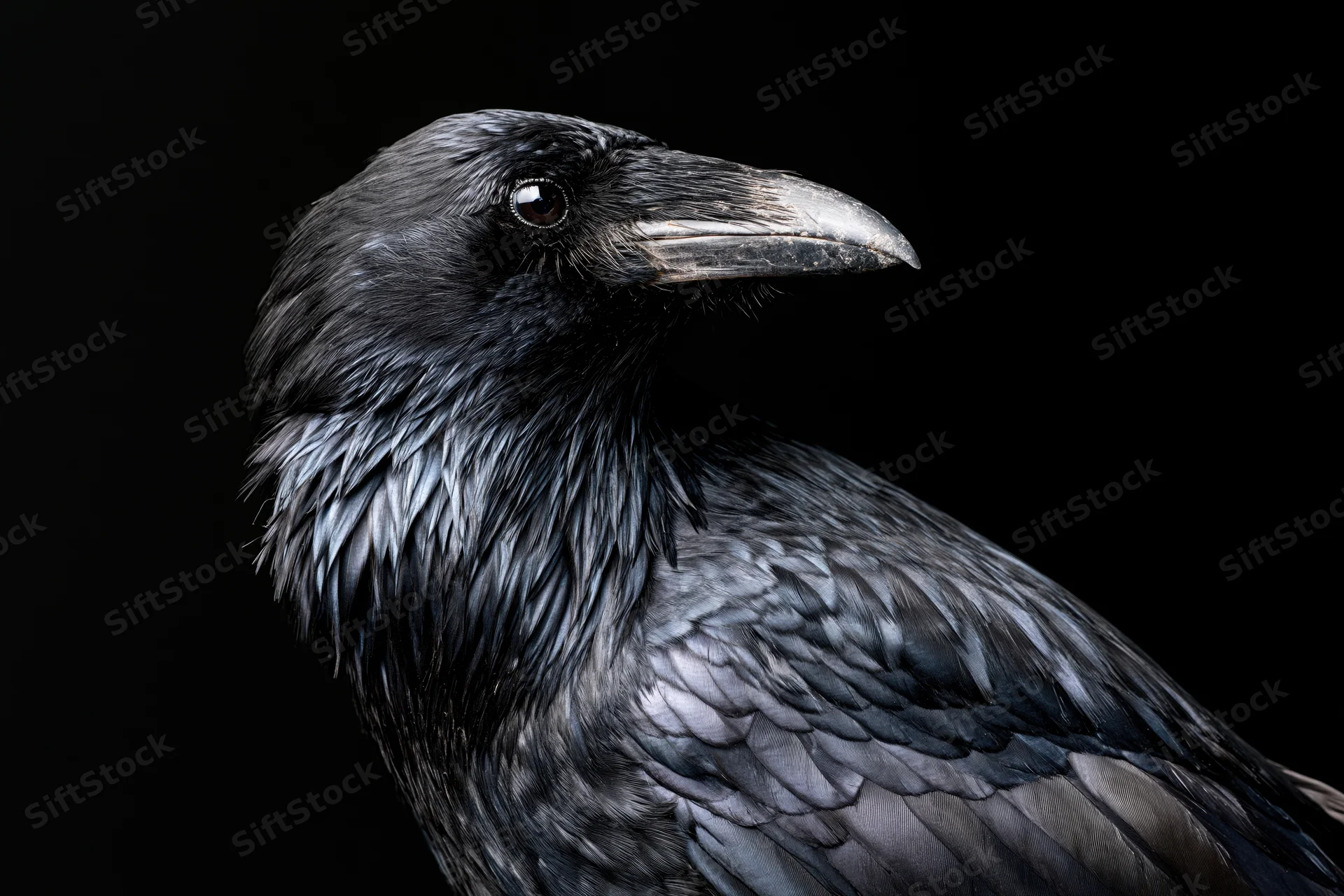 Black crow in three-quarter profile against dark background