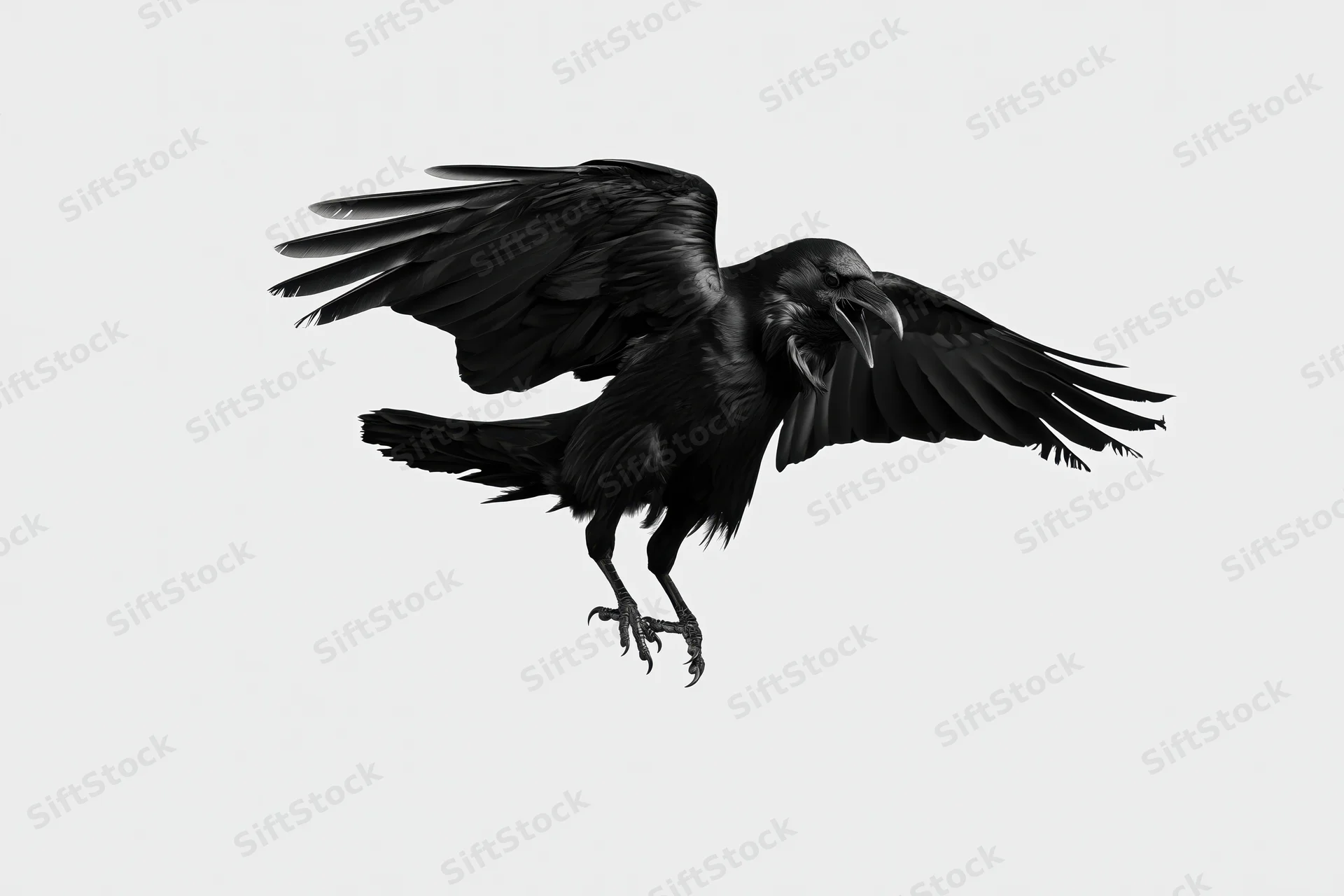 Black crow in mid-flight with wings fully spread and talons extended against plain background