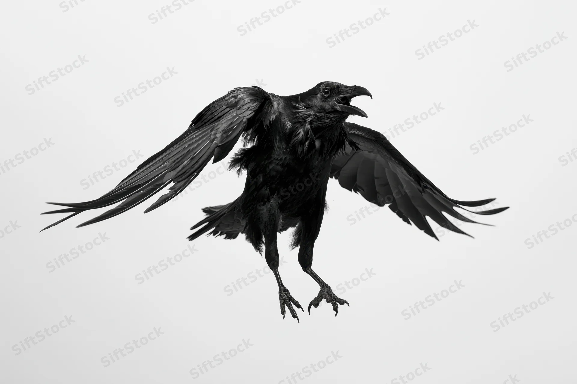 Black crow in mid-flight with wings spread and talons extended against white background