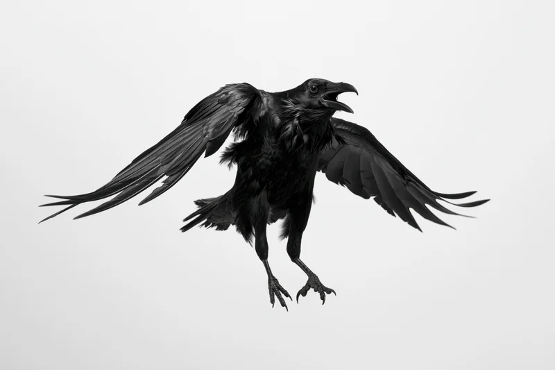 Black crow in mid-flight with wings spread and talons extended against white background