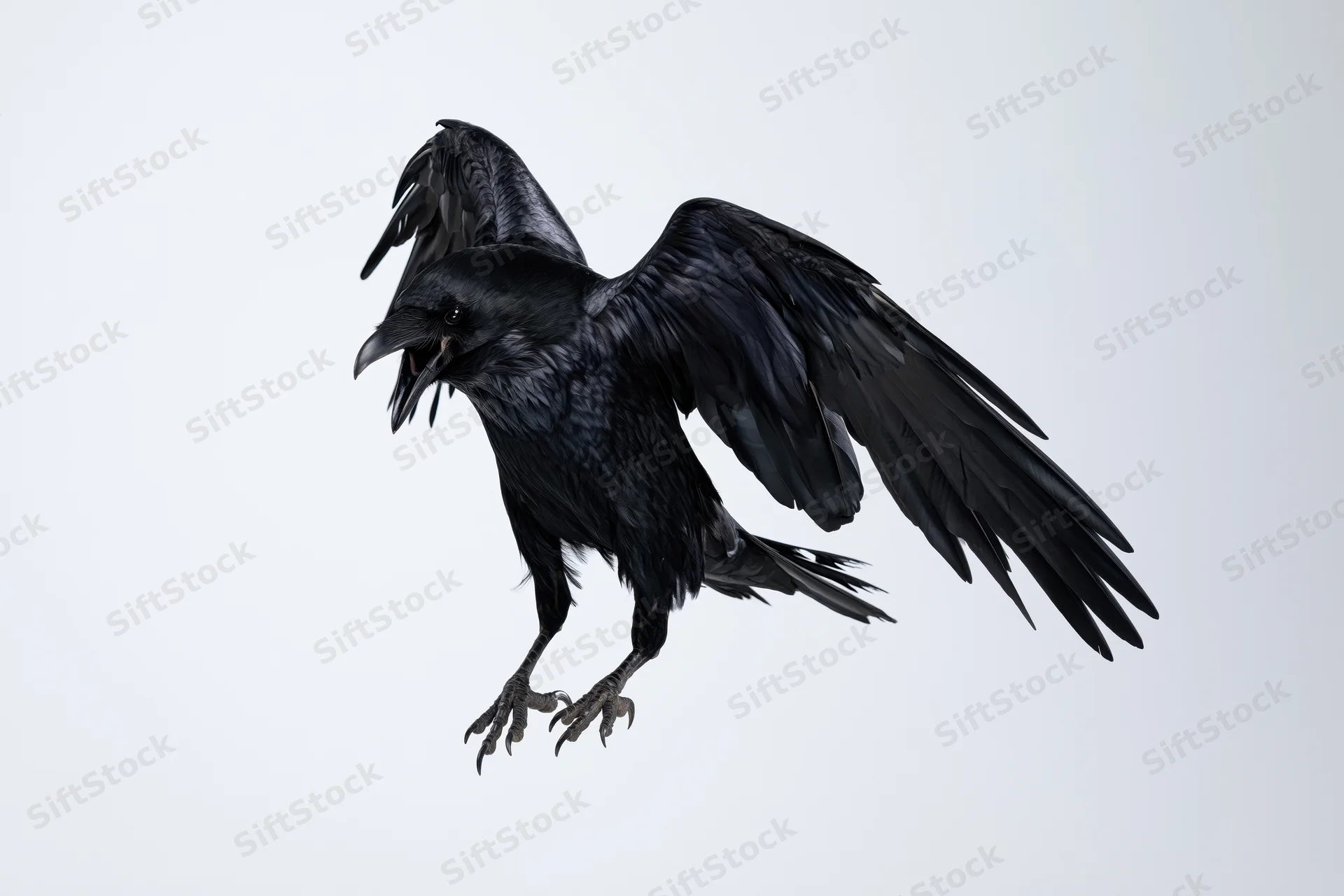 Black crow in mid-flight with wings spread and talons extended against white background