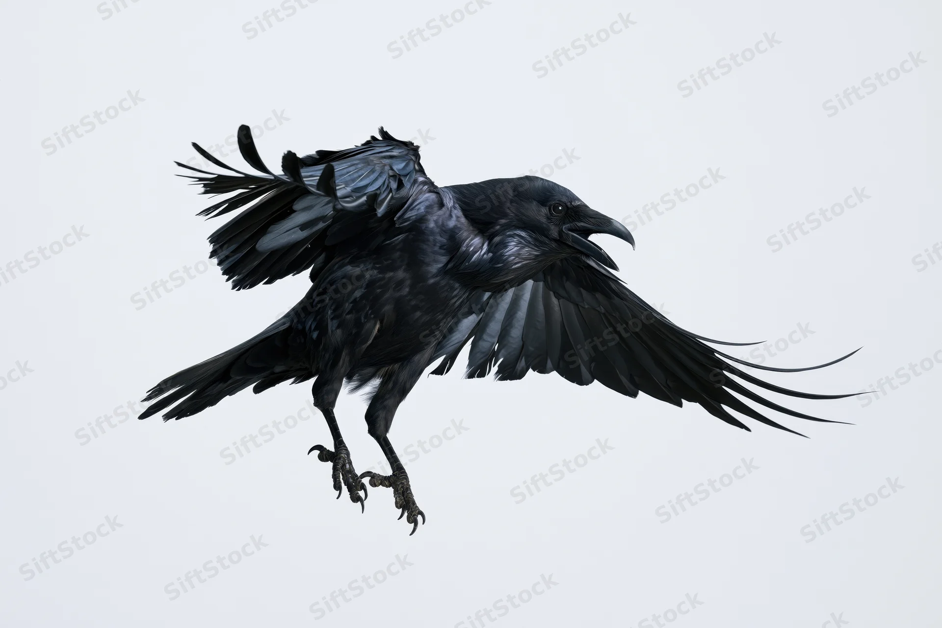 Black crow in mid-flight with wings spread and talons extended against white background