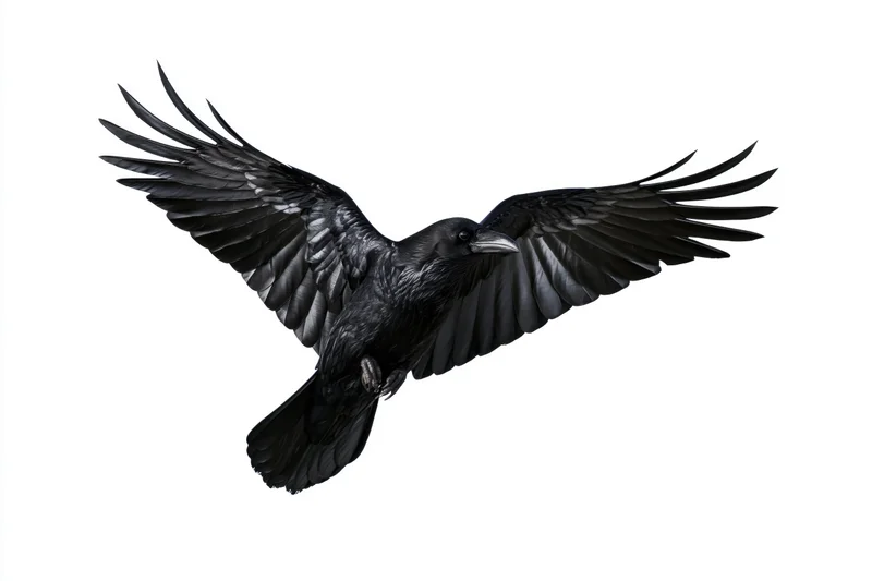Black crow in mid-flight with wings fully spread against white background