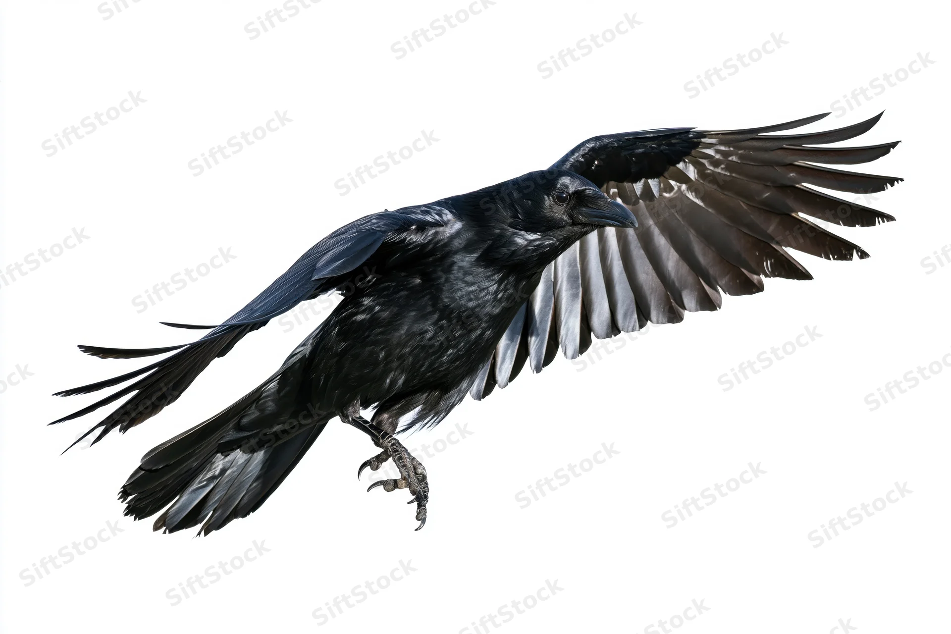 Black crow in mid-flight with wings fully spread against white background