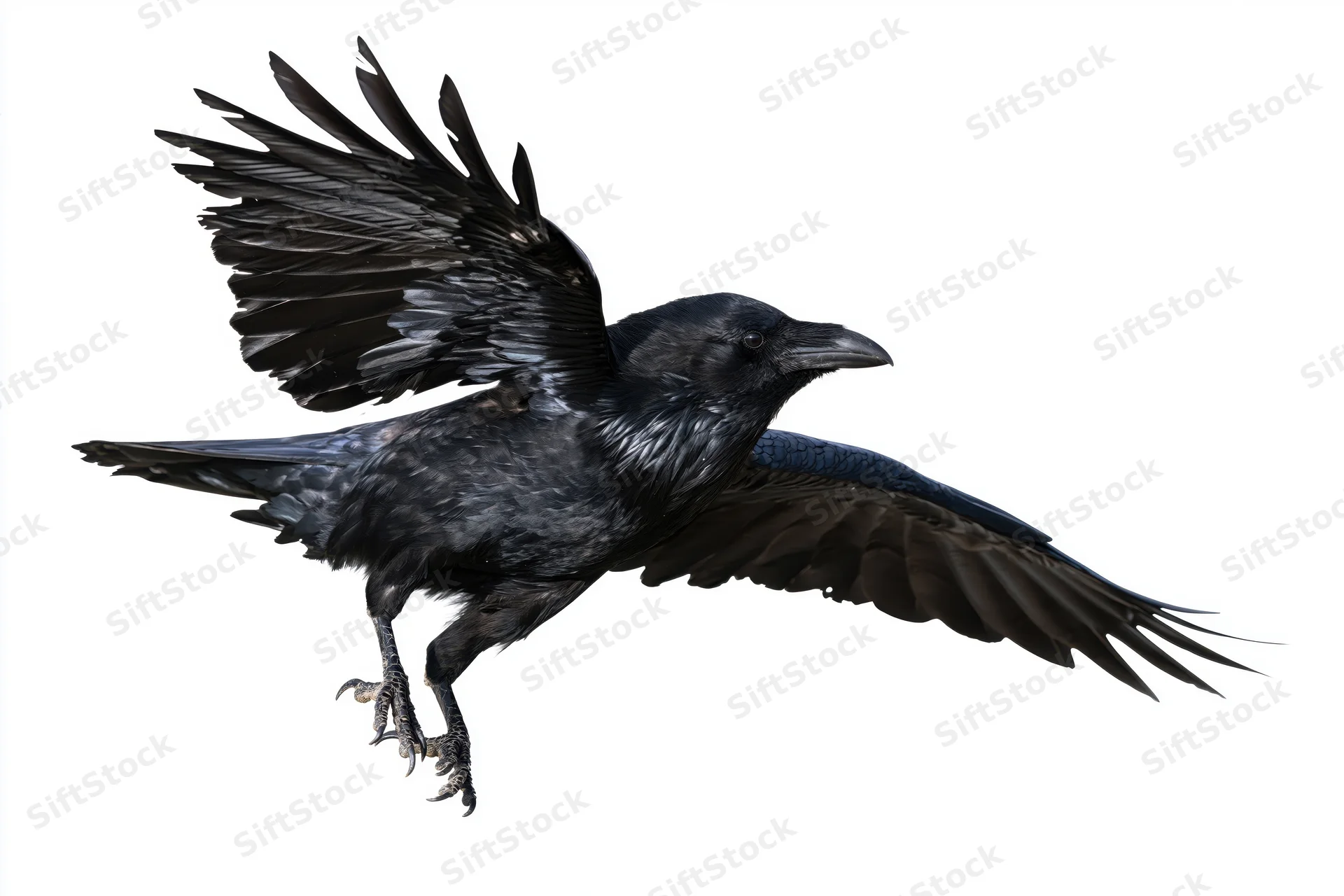 Black crow in mid-flight with wings spread and talons extended against white background