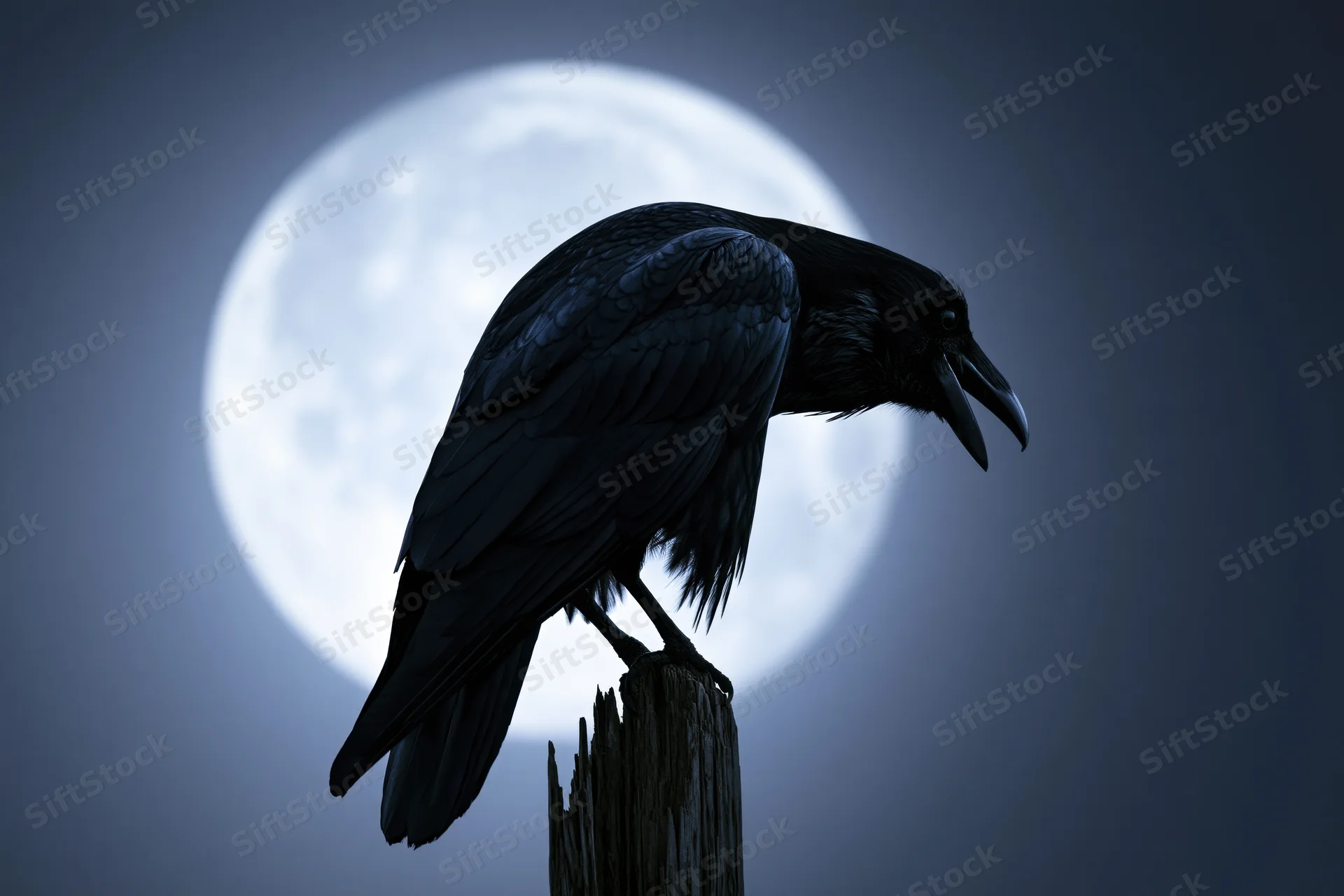 Black crow perched on weathered wooden post with head bowed against full moon at night