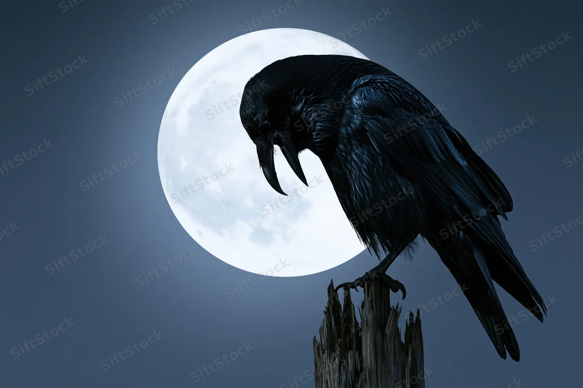 Black crow perched on weathered wooden post with head bowed against full moon at night