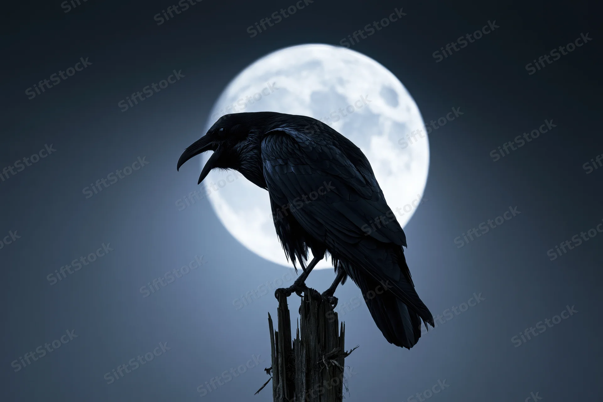 Black crow perched on weathered wooden post with full moon behind at night
