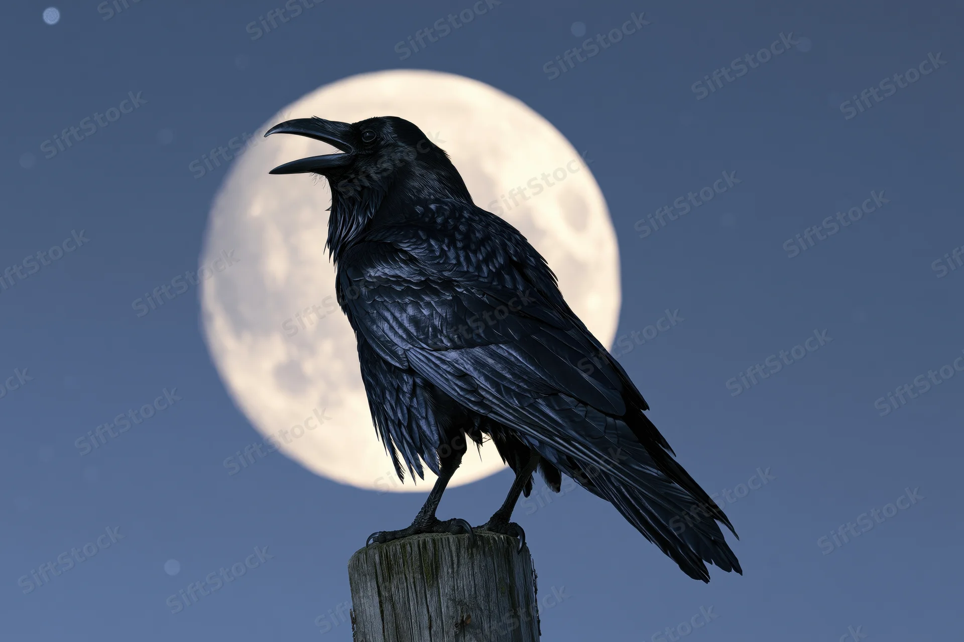 Black crow perched on weathered wooden post with open beak against full moon in night sky