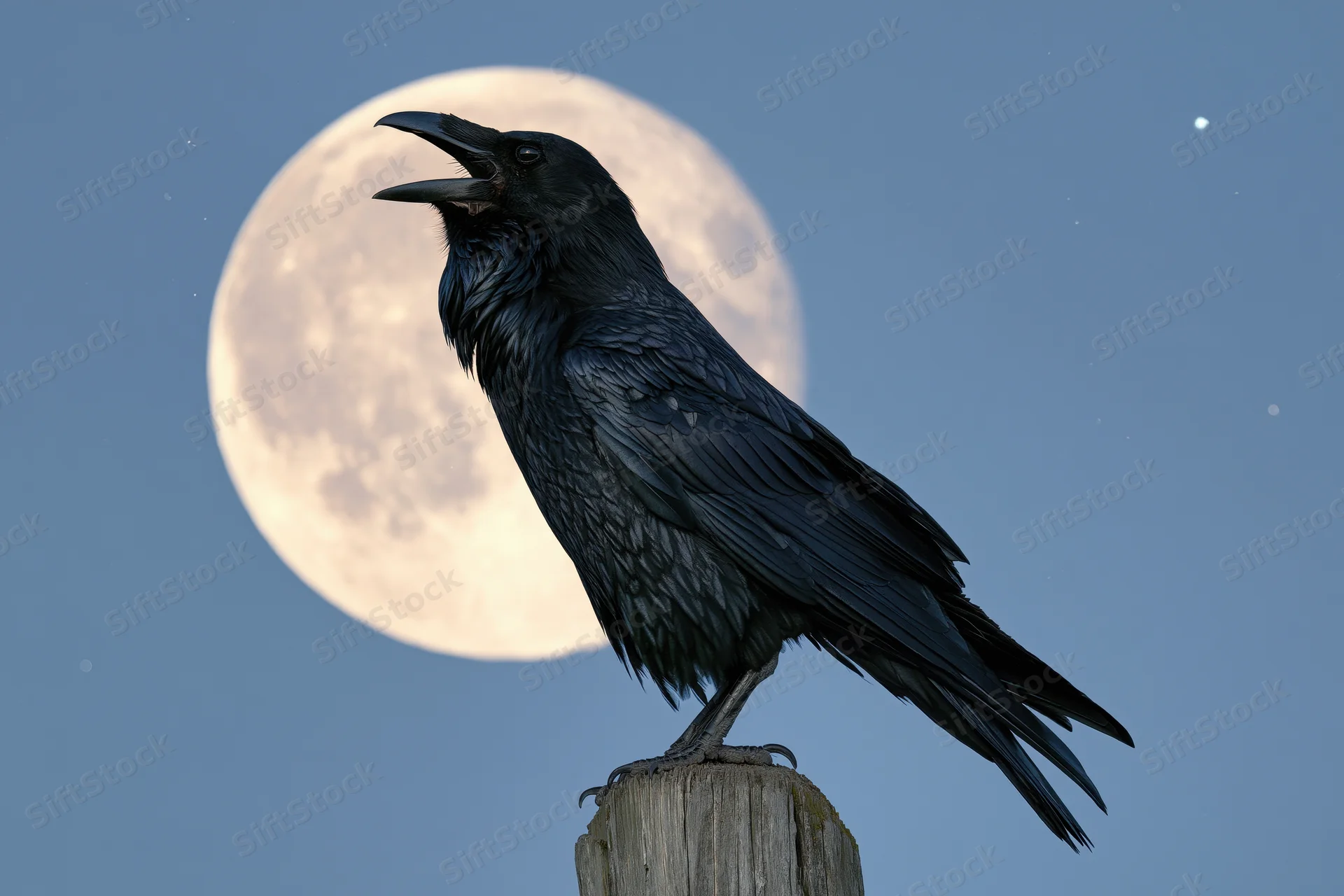 Black crow perched on wooden post with open beak against full moon in night sky