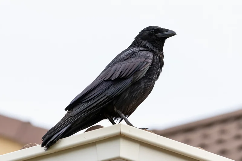 Black crow perched on corner edge of house roofline against sky