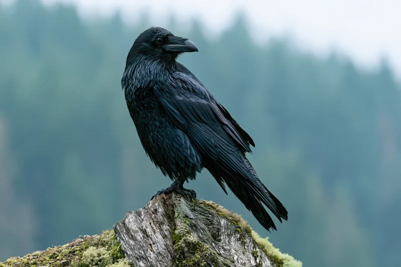 Raven perched on a mossy weathered stump in a forest setting