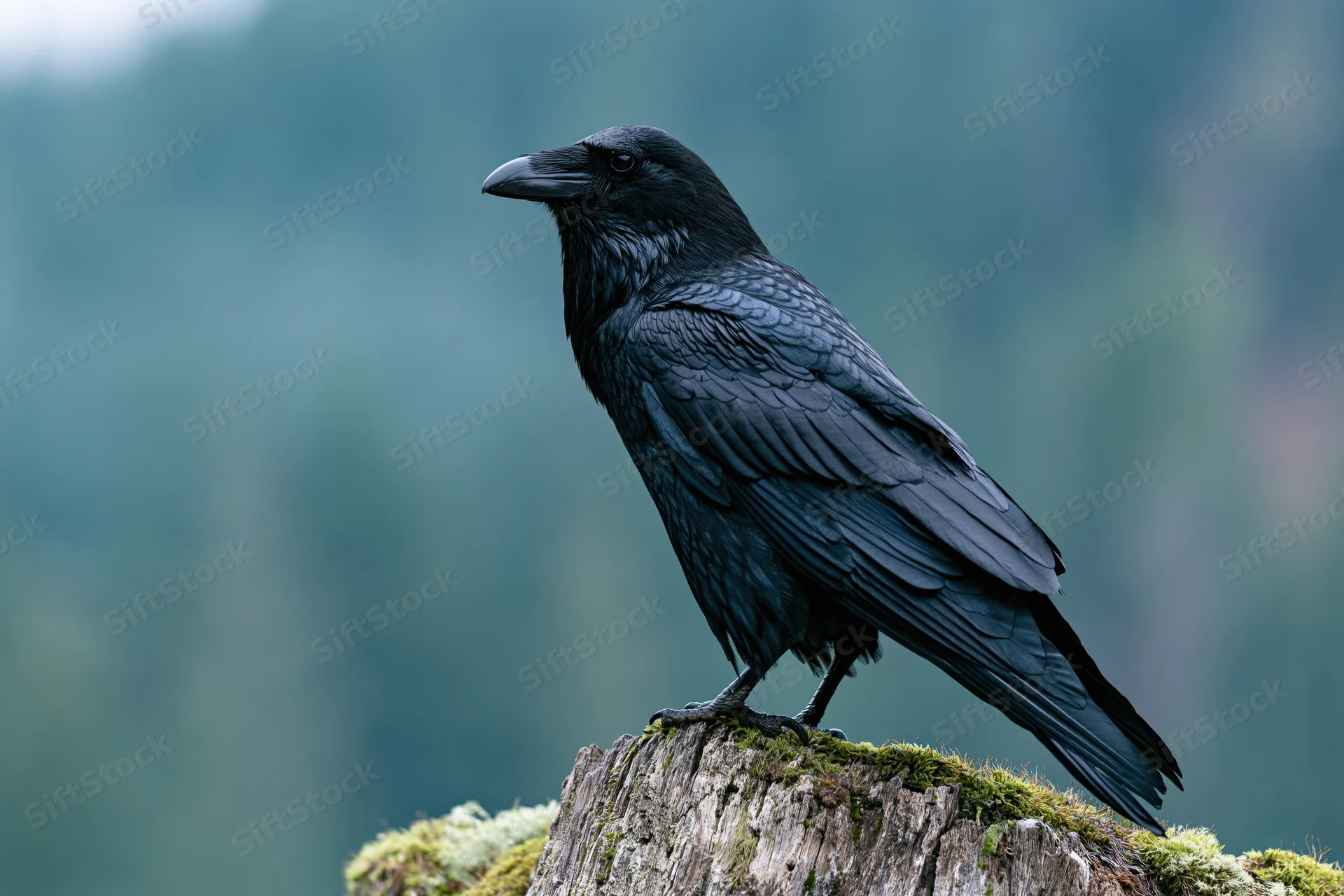 Raven perched on a mossy weathered stump in a forest setting